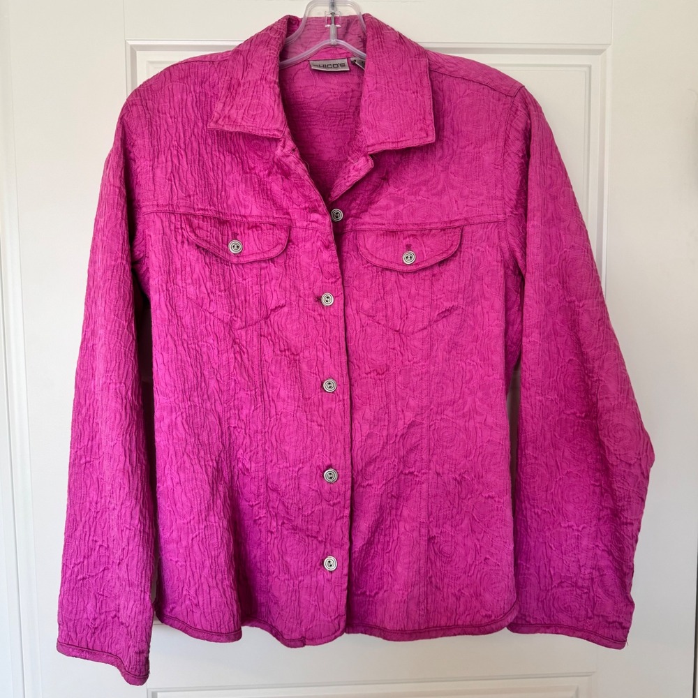 Chicos Blazer Jacket Women S Pink Textured Crinkled Rose Floral Buttoned
Stretch